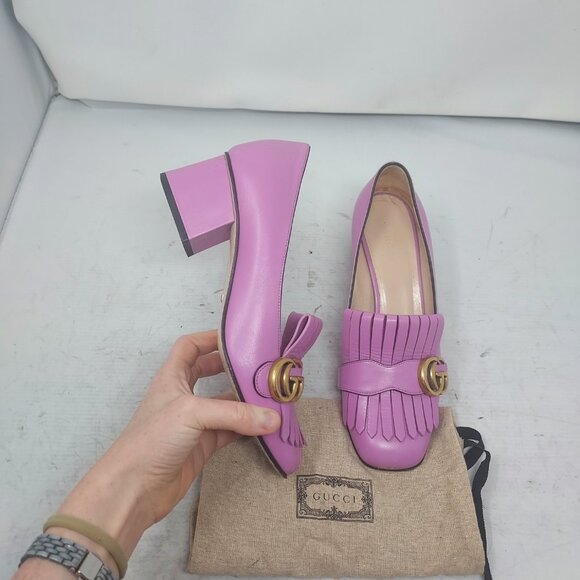 Gucci Marmont GG Candy Mousse Pink Smooth Leather Fringe Pump - Picture 1 of 12